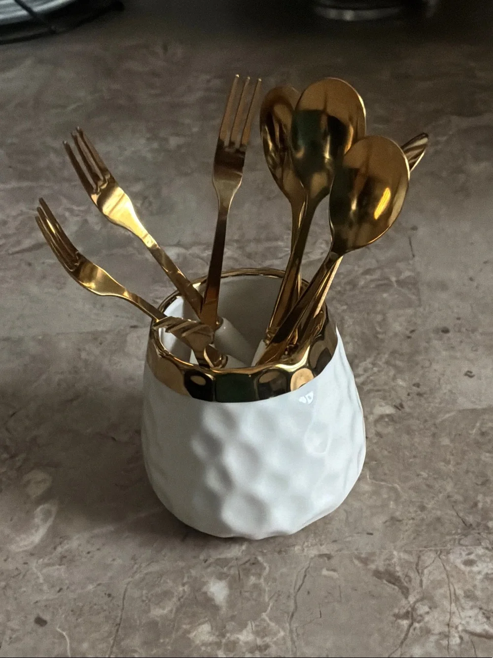 White and Gold Dessert Forks & Spoons Set with Ceramic Holder